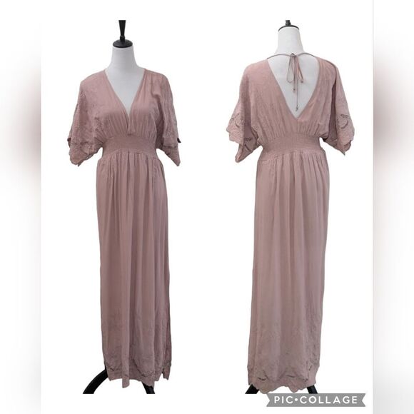 Lovestitch Long Maxi Dress Soft Blush Elegant Lace V Neck Double Slit Size S - Picture 1 of 11